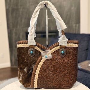 Montana West Tooled & Cowhide Whipstitch Tote Bag Coffee